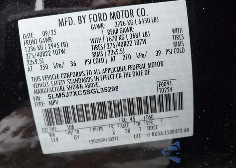 2025 Lincoln Aviator Reserve z USA, uszkodzony, nr VIN 5LM5J7XC5SGL35298